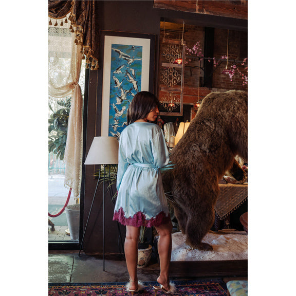 New Icy Blue & Pinot Satin Short Robe by Kilo Brava